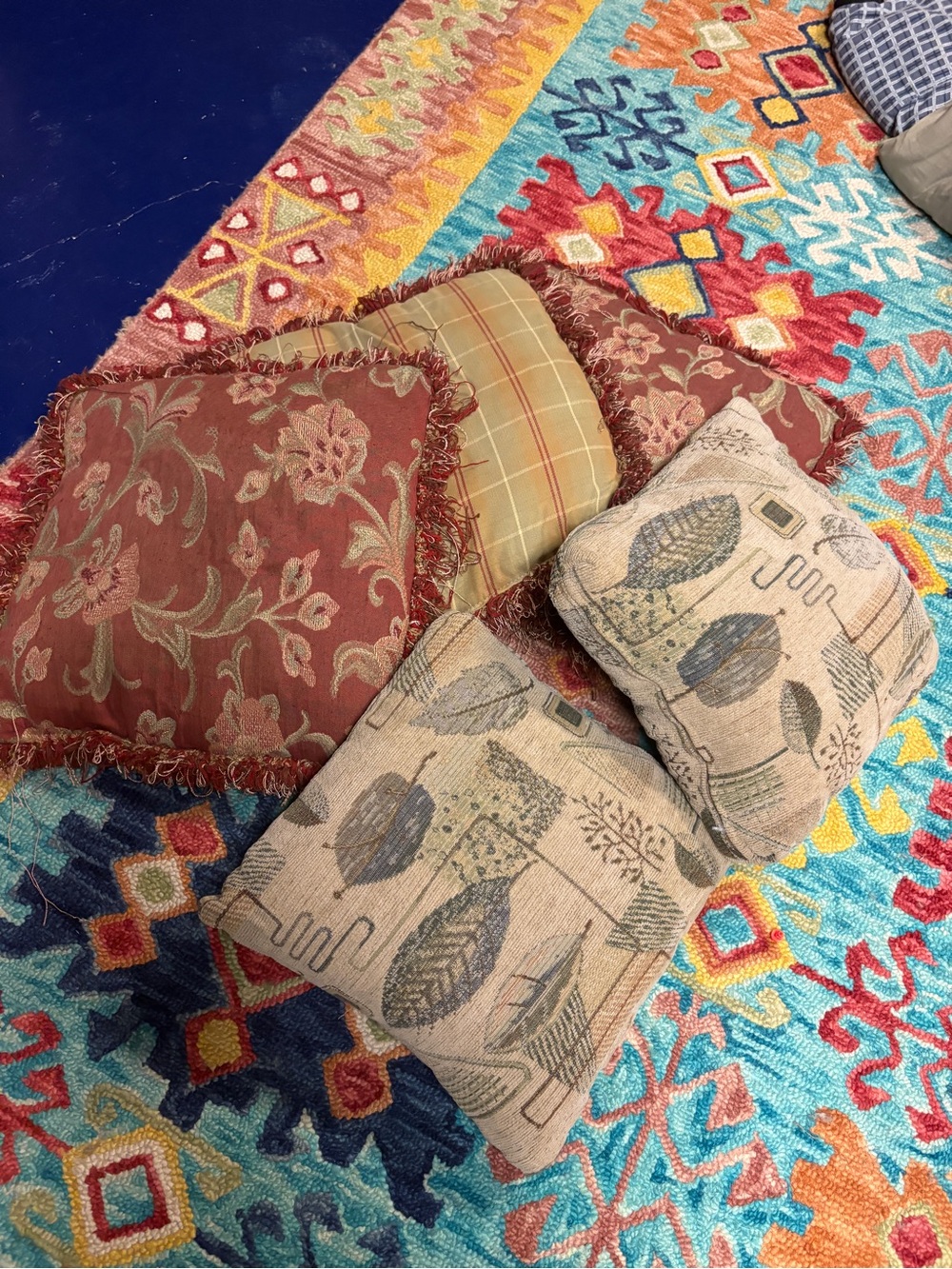 Decorative Throw Pillow Set in Rust, Plaid, Natural Leaf Prints bundle lot